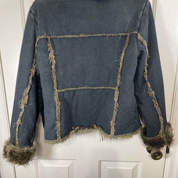 Vintage Jacket Coat Shaggy Penny Lane Denim Faux Fur Women’s Small Y2K Trucker - Picture 7 of 11
